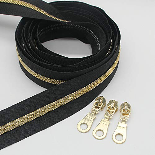 Leekayer #5 Gold Metallic Nylon Coil Zippers by The Yard Bulk 10 Yards Black Tape with 25pcs Gold Sliders for DIY Sewing Tailor Craft Bag(Black) - Image 2