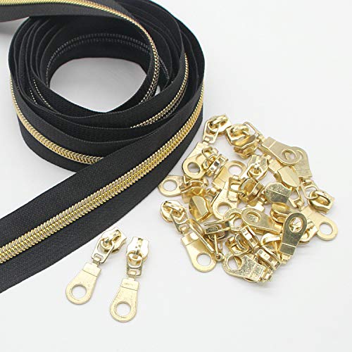 Leekayer #5 Gold Metallic Nylon Coil Zippers by The Yard Bulk 10 Yards Black Tape with 25pcs Gold Sliders for DIY Sewing Tailor Craft Bag(Black) - Image 1