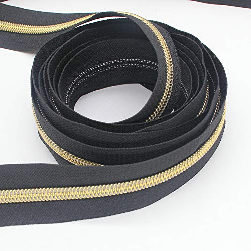 Leekayer #5 Gold Metallic Nylon Coil Zippers by The Yard Bulk 10 Yards Black Tape with 25pcs Gold Sliders for DIY Sewing Tailor Craft Bag(Black) - Image 3