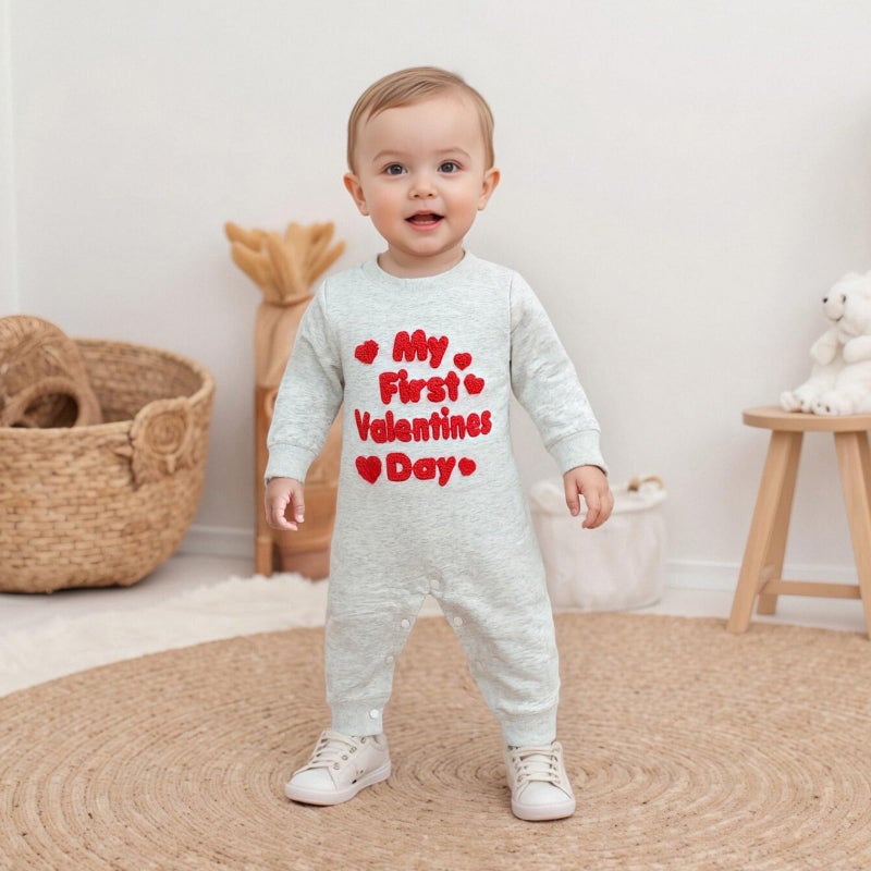 LouVasabuce My First Valentines Day Baby Clothes Outfits Letter Heart Embroidery Romper Jumpsuit Newborn Girl Boy Clothing (Gray, 6-12 Months) - Image 4