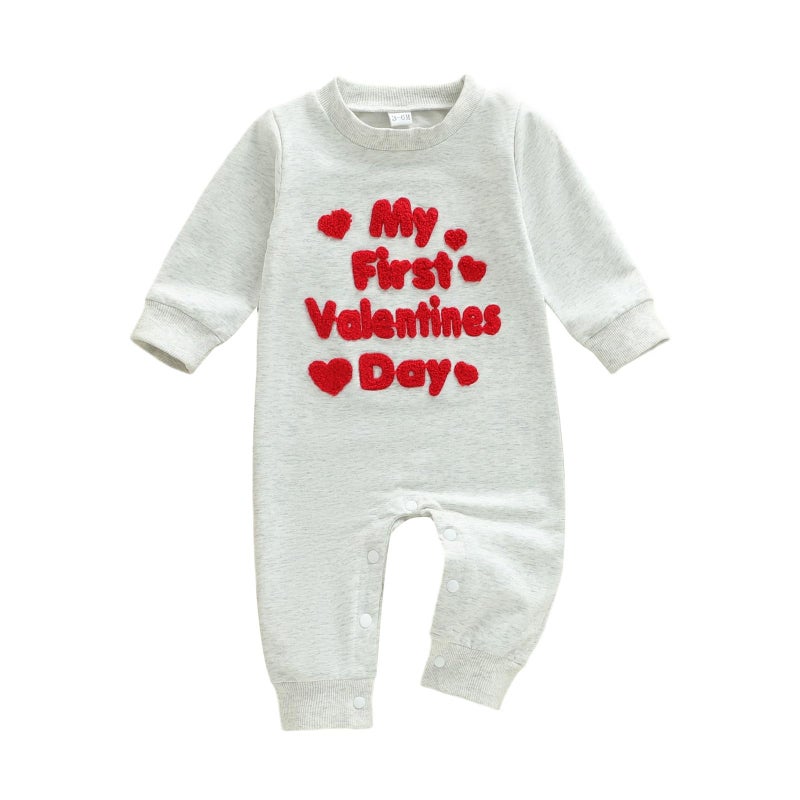 LouVasabuce My First Valentines Day Baby Clothes Outfits Letter Heart Embroidery Romper Jumpsuit Newborn Girl Boy Clothing (Gray, 6-12 Months) - Image 1
