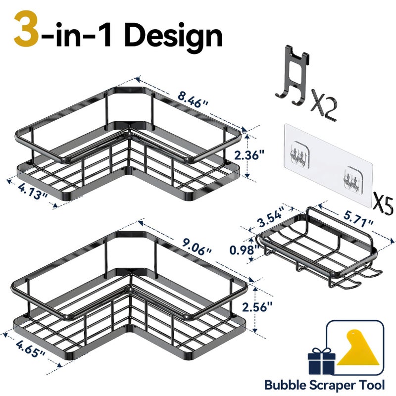 YASONIC Shower Caddy Corner, 3-Pack Adhesive Rustproof Stainless Steel Shower Shelves with Soap Holder, No Drilling Shower Organizer Corner for Dorm, Renters Bathroom, Black - Image 2