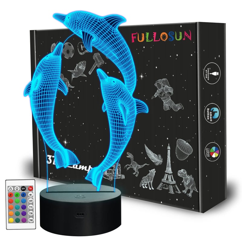 FULLOSUN Night Light for Kids Ocean Dolphin 3D Night Light Porpoise Bedside Lamp with Remote Control 16 Color Changing Xmas Halloween Birthday Gift for Child Baby Girl