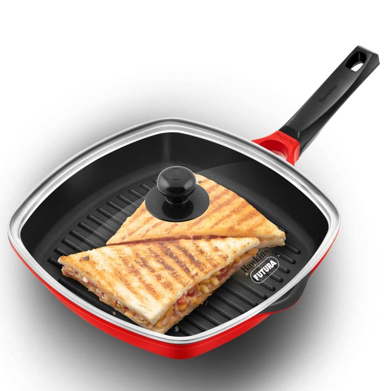 Hawkins Hawkins 30 cm Grill Pan Non Stick Die Cast Grilling Pan with Glass Lid Square Grill Pan for Gas Stove Ceramic Coated Pan Roast Pan DCGP30G Red 