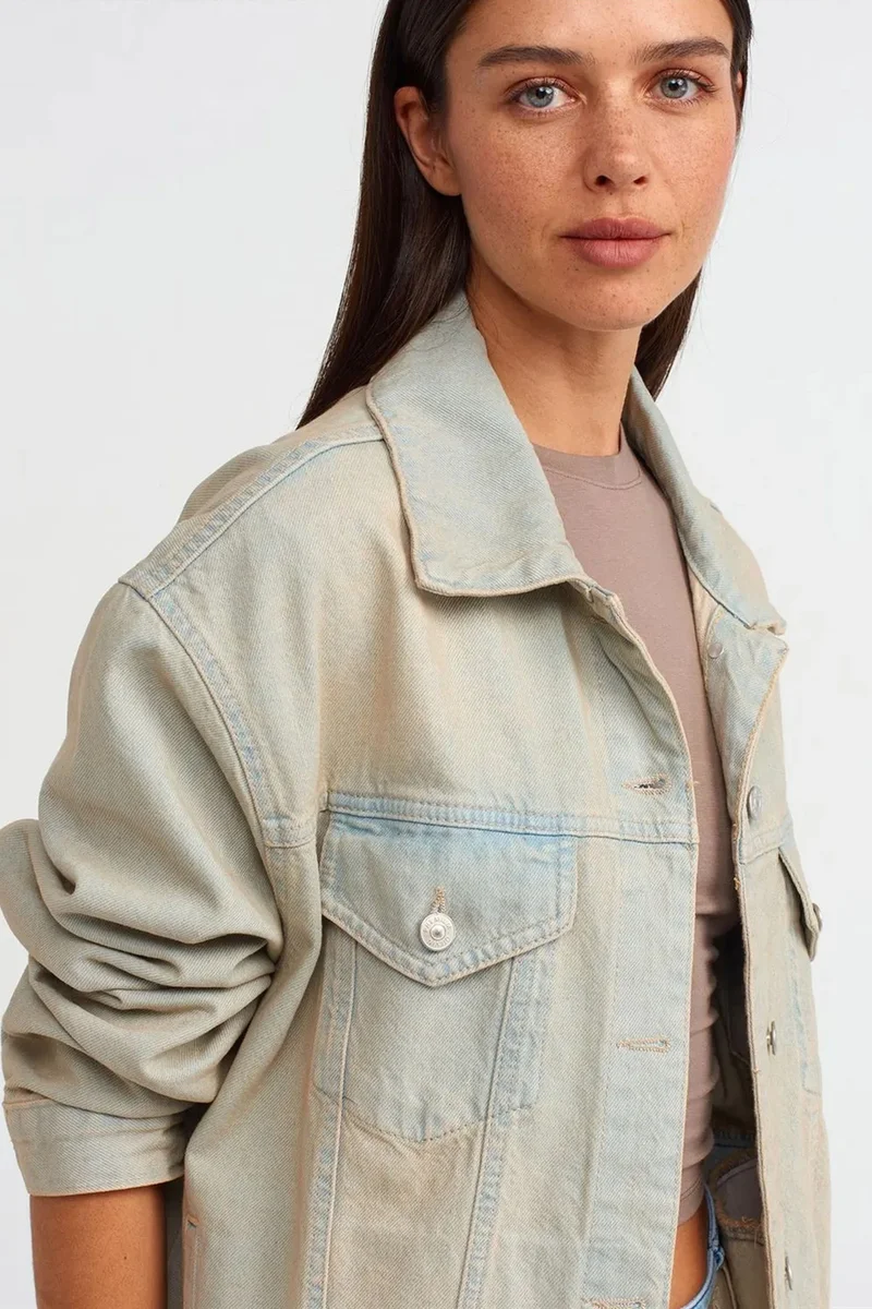 Dilvin Stone Natural DILVIN Oversized Denim Button Jacket for Women | Best Price UAE