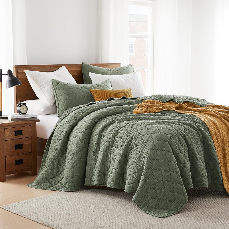 palassio Olive Green King Size Quilt Set, Muslin Cotton Shell Down-Alt Poly Filling, Soft Shabby Chic Rustic Farmhouse Country Bedspread, Textured Gauze Coverlet, Lightweight Bedding, 2 Shams - Image 3