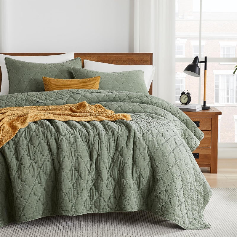 palassio Olive Green King Size Quilt Set, Muslin Cotton Shell Down-Alt Poly Filling, Soft Shabby Chic Rustic Farmhouse Country Bedspread, Textured Gauze Coverlet, Lightweight Bedding, 2 Shams - Image 1