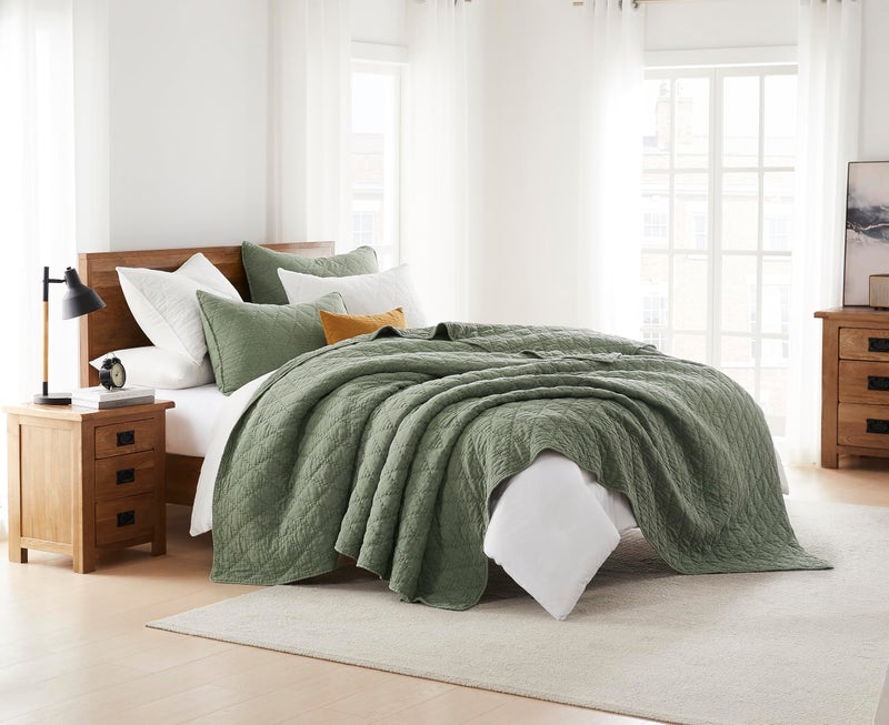 palassio Olive Green King Size Quilt Set, Muslin Cotton Shell Down-Alt Poly Filling, Soft Shabby Chic Rustic Farmhouse Country Bedspread, Textured Gauze Coverlet, Lightweight Bedding, 2 Shams - Image 5
