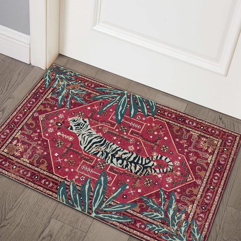 Aldopein Vintage Tribal Faux Wool Red Boho Throw Rugs - 2x3, Non-Slip, Washable for Bathroom, Kitchen, Indoor, Entryway, Modern, Distressed, Tribal, Indian Accent Floor Mat - Image 1