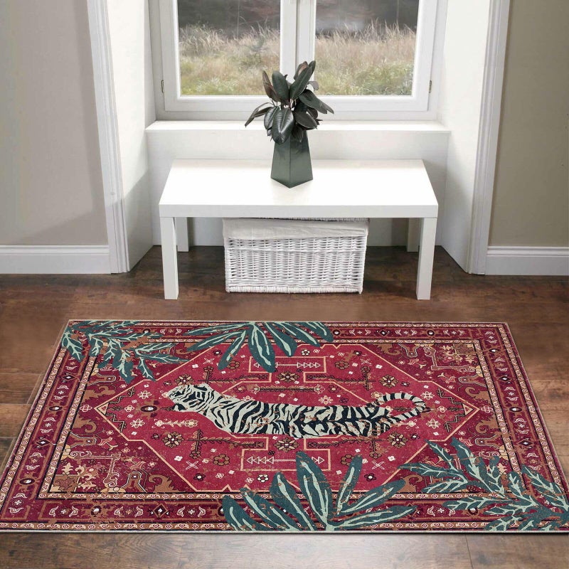 Aldopein Vintage Tribal Faux Wool Red Boho Throw Rugs - 2x3, Non-Slip, Washable for Bathroom, Kitchen, Indoor, Entryway, Modern, Distressed, Tribal, Indian Accent Floor Mat - Image 2