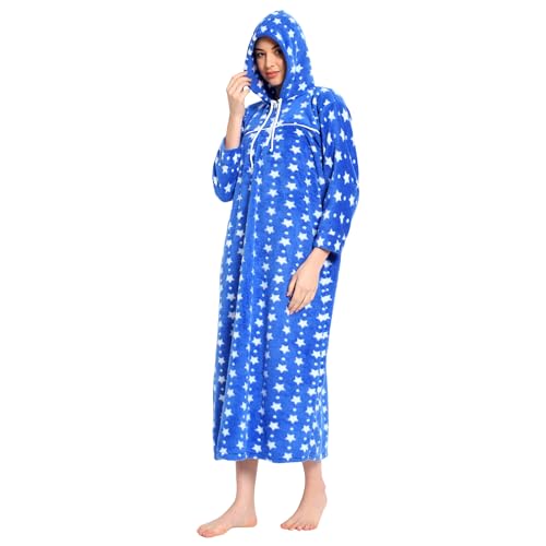 CIERGE Women's Woolen Star Printed Hoodie Nighty (Blue, Wool) - Image 1