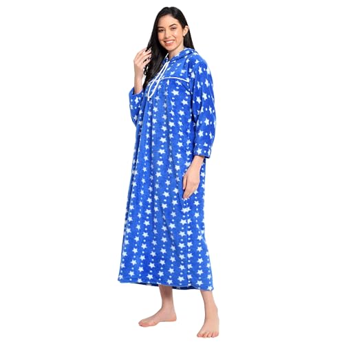 CIERGE Women's Woolen Star Printed Hoodie Nighty (Blue, Wool) - Image 4
