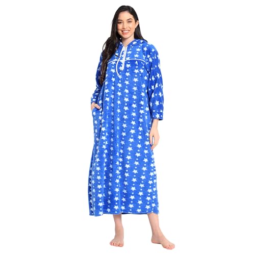 CIERGE Women's Woolen Star Printed Hoodie Nighty (Blue, Wool) - Image 3