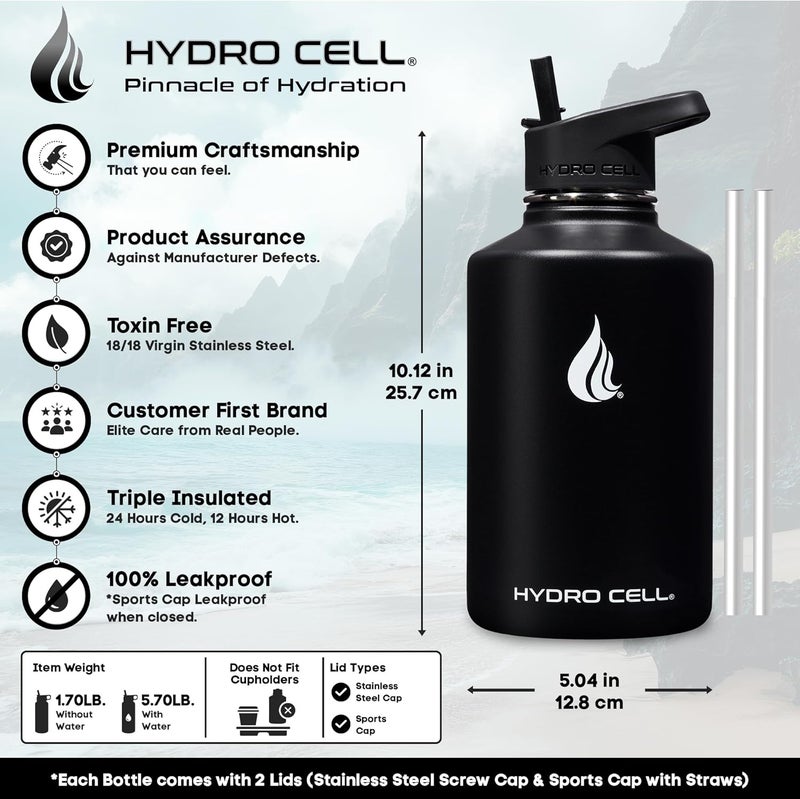 HYDRO CELL Stainless Steel Insulated Water Bottle with Straw - For Cold & Hot Drinks - Metal Vacuum Flask with Screw Cap and Modern Leakproof Sport Thermos for Adults (Black 64oz) - Image 3