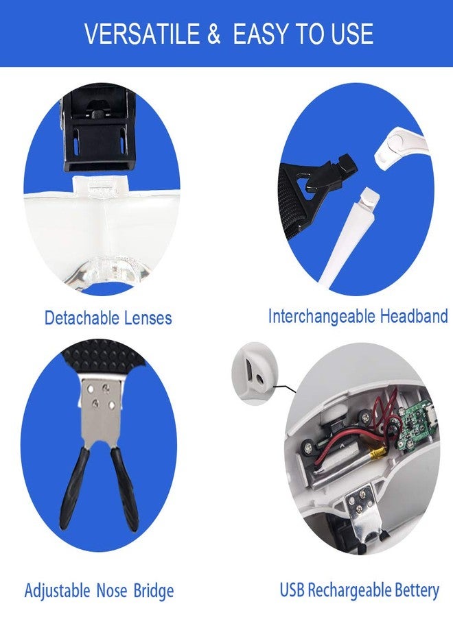 بيجيا مكبر رأس بيجيا - عدسة مكبرة قابلة لإعادة الشحن عبر منفذ USB، مزودة بإضاءة LED، تُثبت على الرأس مع عصابة رأس، مزودة بإضاءة LED مزدوجة، و5 عدسات قابلة للتبديل، مناسبة لتكبير المجوهرات، والأعمال اليدوية، وإصلاح الإلكترونيات، والهوايات، وتطويل الرموش. - Image 5