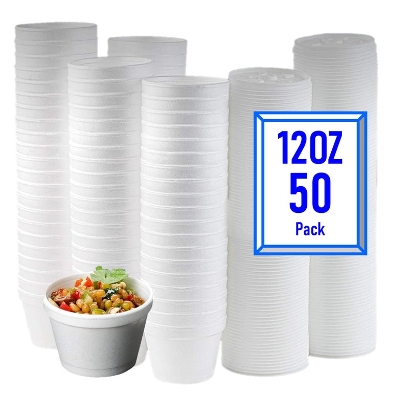 Mr. Miracle Mr Miracle Foam Bowl with Lid for Hot and Cold Foods â€“ 12 Ounce Disposable Soup Container with Vented Lid, Great for Ice Cream, Yogurt, Soup, Takeout [50 pack] - Image 1