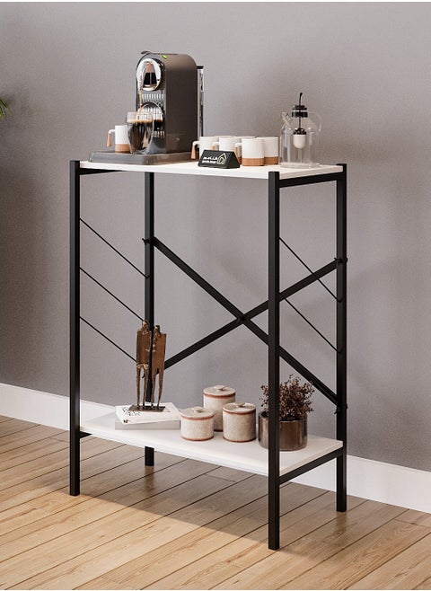Coffee Corner Table, Side Table, Bookcase, Consisting Of 2 Wooden Surfaces That Arrange And Organize All Your Needs - White / Black