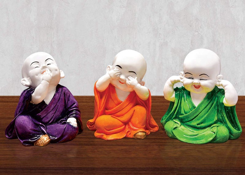 Karigaari India Laughing Baby Buddha Resin Showpiece Set of 3 Orange Green Purple Mini Monk Idols for Home Decor Office Table Spiritual Gift Feng Shui Vastu Decorative Figurine Peace and Positivity - Image 1