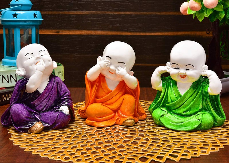 Karigaari India Laughing Baby Buddha Resin Showpiece Set of 3 Orange Green Purple Mini Monk Idols for Home Decor Office Table Spiritual Gift Feng Shui Vastu Decorative Figurine Peace and Positivity - Image 2