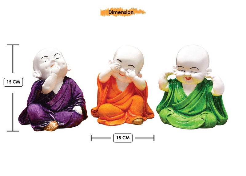 Karigaari India Laughing Baby Buddha Resin Showpiece Set of 3 Orange Green Purple Mini Monk Idols for Home Decor Office Table Spiritual Gift Feng Shui Vastu Decorative Figurine Peace and Positivity - Image 3