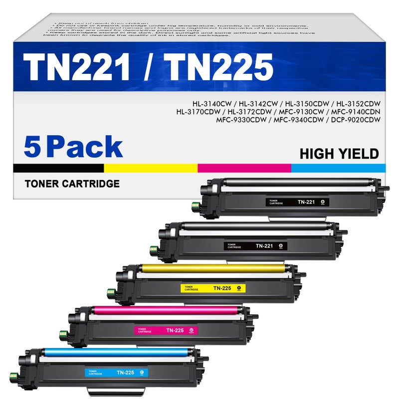 TN221 Toner Cartridges 5 Pack TN225 Replacement for Brother tn221 tn221bk tn225 Compatible with Brother MFC9130CW Toner Cartridge HL3170CDW Toner Cartridge HL3140CW MFC9330CDW Printer