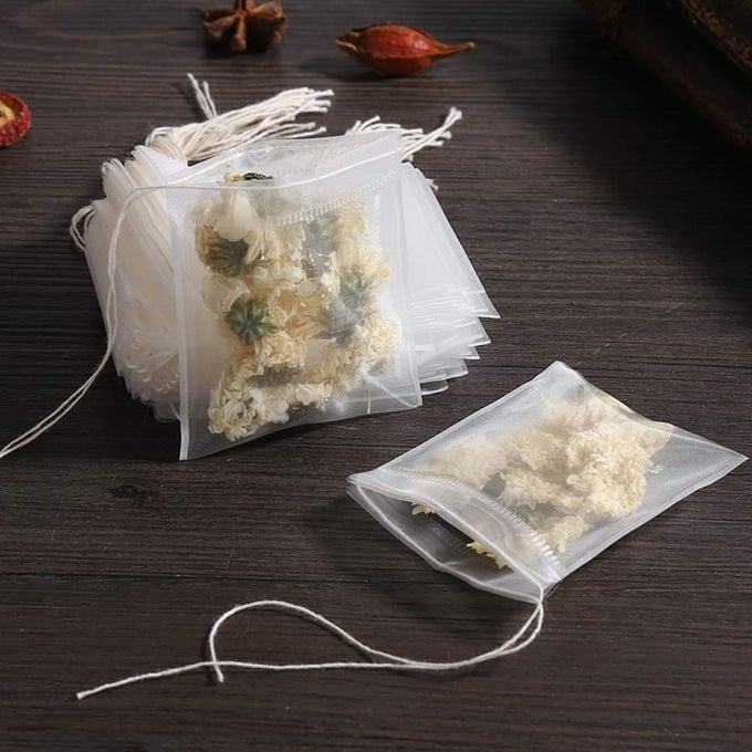 50 PCS TEA FILTER BAGS DISPOSABLE TEA BAGS FOR LOOSE TEA HERB SPICE EMPTY MESH SMALL DRAWSTRING SEAL INFUSER STRAINER BAGS BATH TEA BAGS 236X275INCH