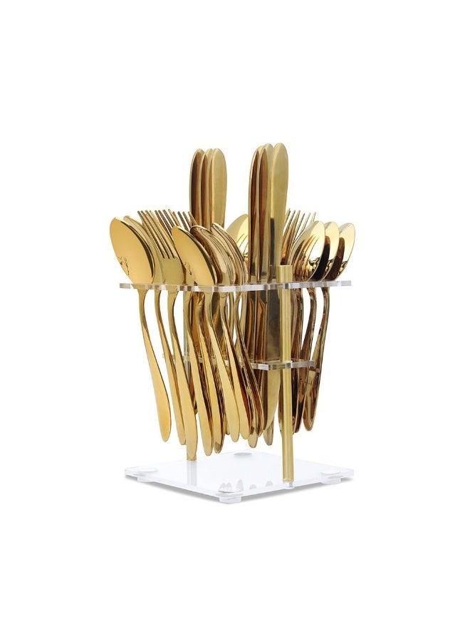 DANUBE HOME 24 Piece Cutlery Set in Acrylic Stand with PVD Elegant Stainless Steel Cutlery Set Durable & Stylish Perfect for Dining Home & Gifting Serves 6