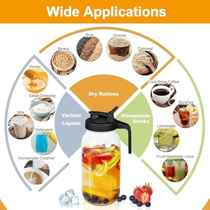 بيوينتي ماكينة القهوة الباردة، برطمانية ميسون، إبريق الصودا الثقيل، زجاج الليمون الثقيل، فلتر شبك فولاذي بدون تدخن، غطاء غطاء شاي مثلج، قهوة 64 أونصة، مقبض أسود - Image 5