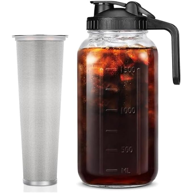 بيوينتي ماكينة القهوة الباردة، برطمانية ميسون، إبريق الصودا الثقيل، زجاج الليمون الثقيل، فلتر شبك فولاذي بدون تدخن، غطاء غطاء شاي مثلج، قهوة 64 أونصة، مقبض أسود - Image 1