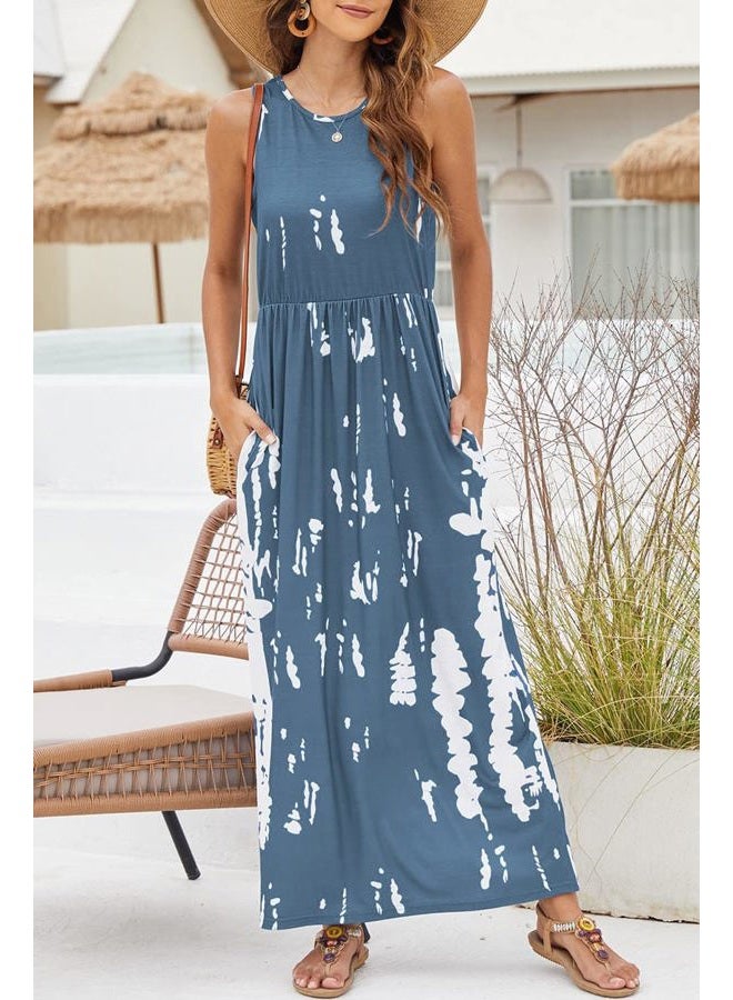 Hount Women's Summer Sleeveless Striped Flowy Casual Long Maxi Dress with Pockets, F-blue White, L - Image 4