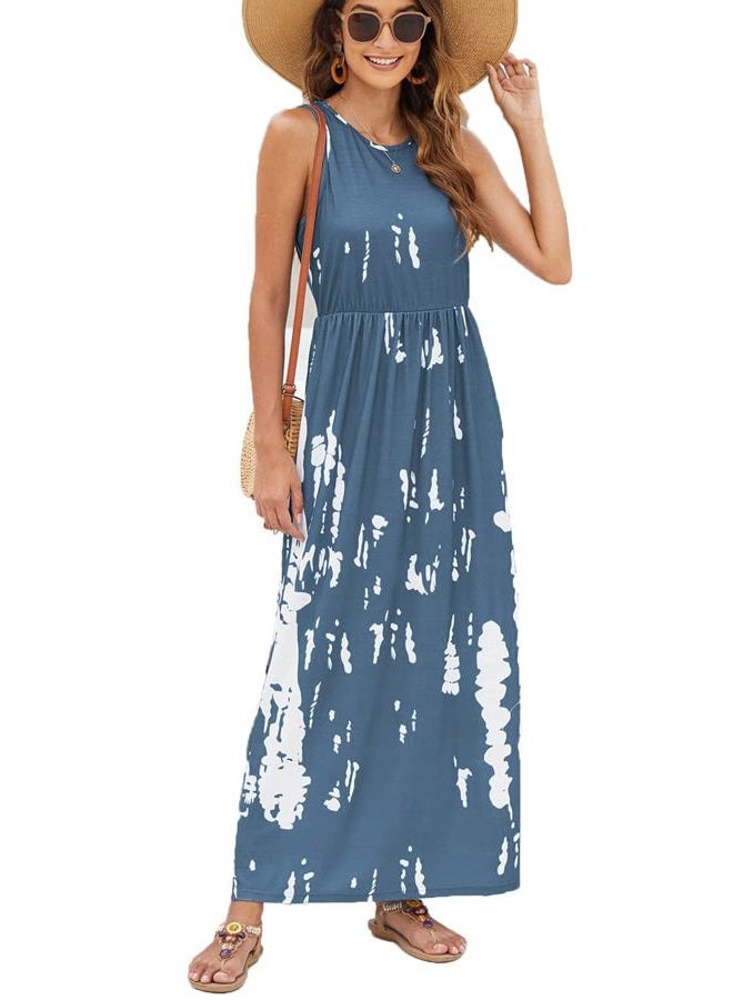 Hount Women's Summer Sleeveless Striped Flowy Casual Long Maxi Dress with Pockets, F-blue White, L - Image 1