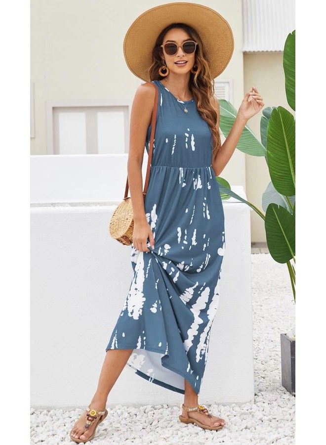 Hount Women's Summer Sleeveless Striped Flowy Casual Long Maxi Dress with Pockets, F-blue White, L - Image 5