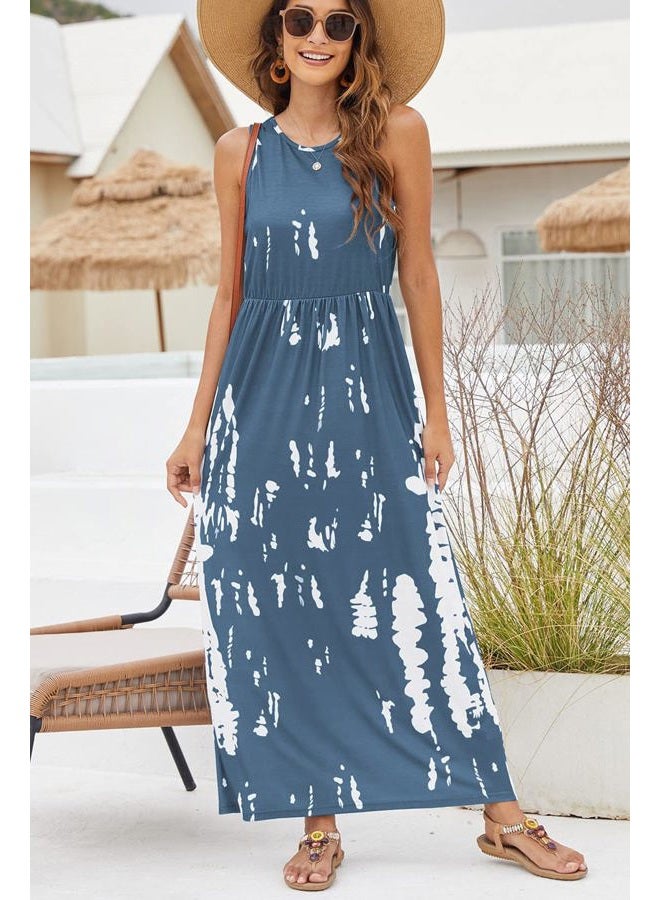 Hount Women's Summer Sleeveless Striped Flowy Casual Long Maxi Dress with Pockets, F-blue White, L - Image 3