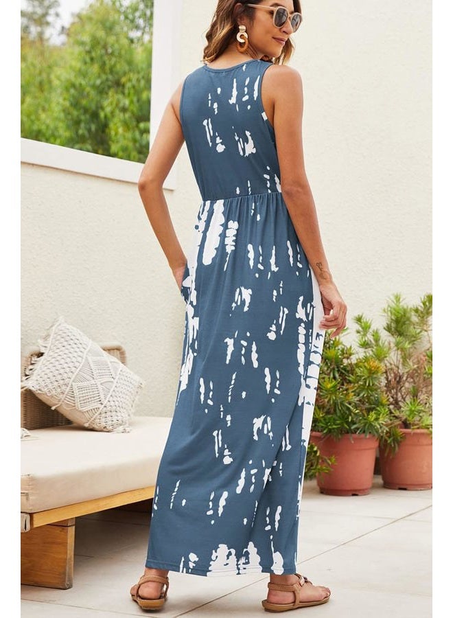 Hount Women's Summer Sleeveless Striped Flowy Casual Long Maxi Dress with Pockets, F-blue White, L - Image 2