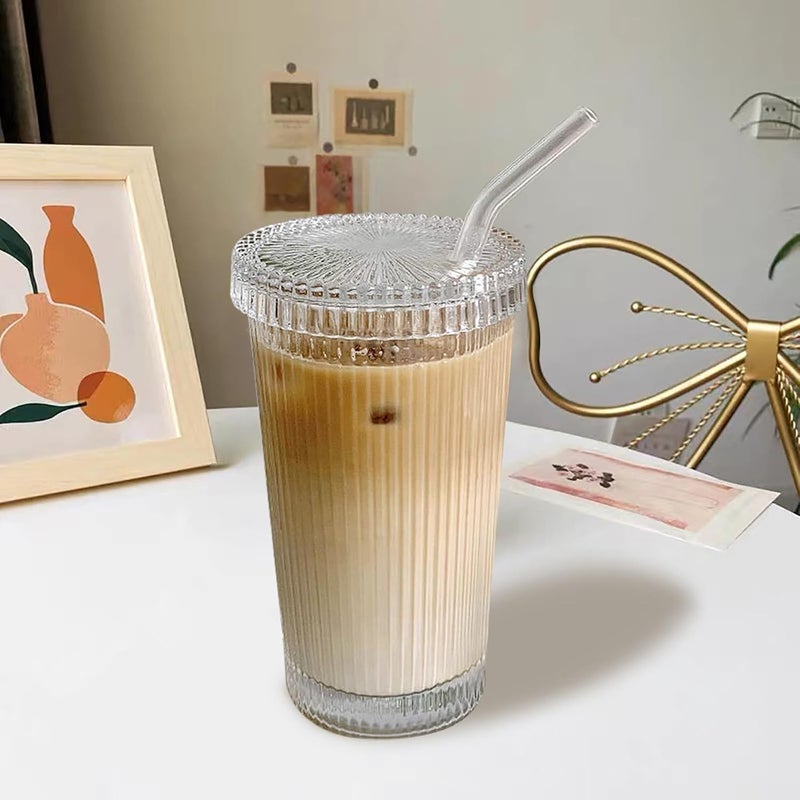 YAHUIPEIUS Daily repeated use trusted quality Glass Cup with Lids and Straws Glass Stripe Coffee Cup LID NOT SCREW AND SECURED 12.5oz Coffee Glasses Cup(C-Ruonded) Elegant practical multi-option build - Image 1