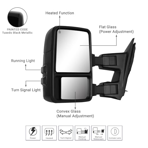 Sanooer Tow Mirrors Compatible With 1999-2016 Ford F250 F350 F450 F550 Super Duty Truck Power Heated Pair LED Smoke Painted Black (Tuxedo Black Metallic) - Image 2