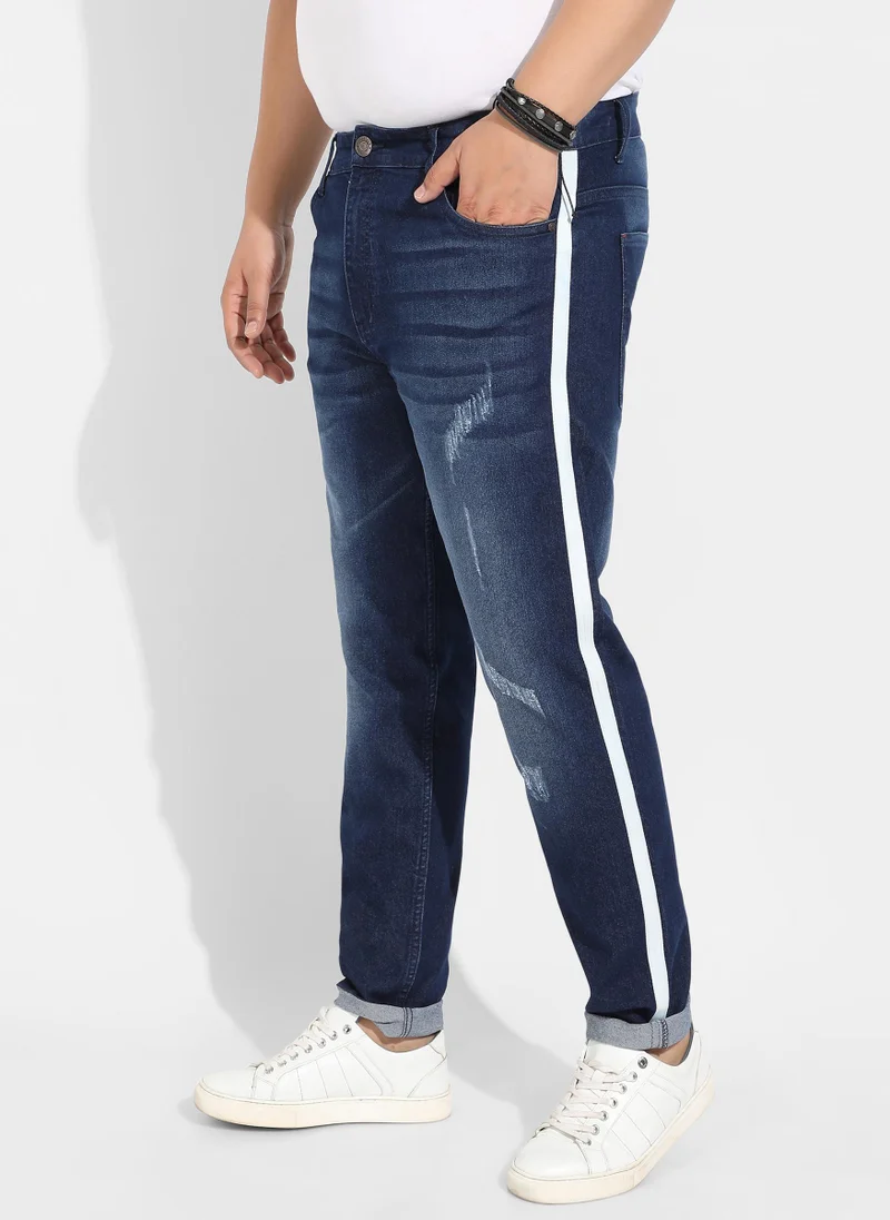 Instafab Plus Instafab Plus Men's Navy Blue Side-Striped Denim Jeans