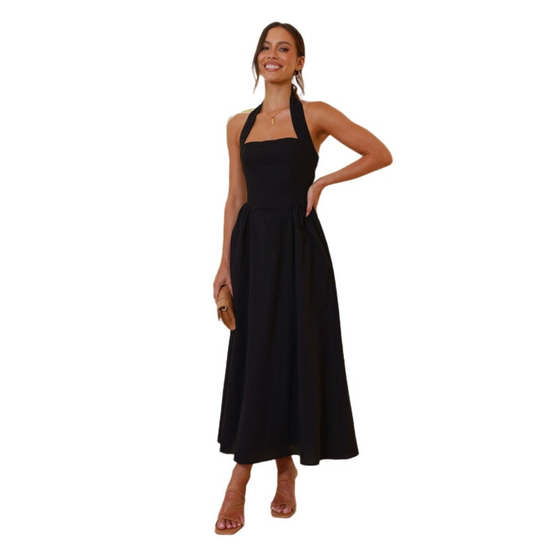 Women's 2025 Solid Color Halter Neck High Waist Sleeveless A-Line Maxi Dress - Image 5