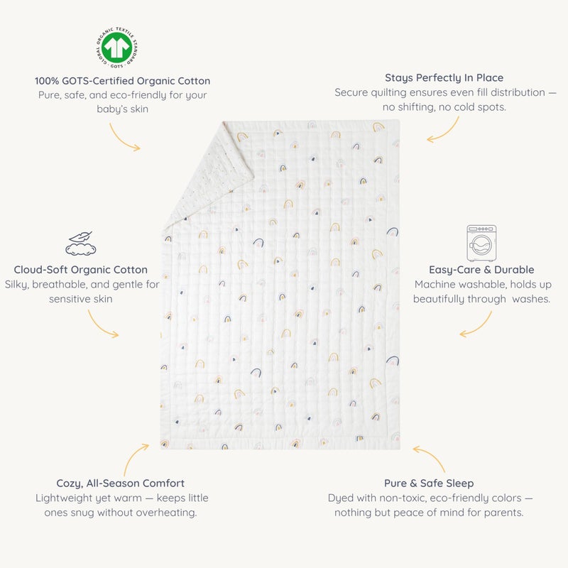 MakeMake Organics Organic Baby Blanket GOTS Certified Organic Comforter Cotton Infill Tufted - Reversible Ultra Soft Breathable (30"x40", Dotty + Rainbow) - Image 5