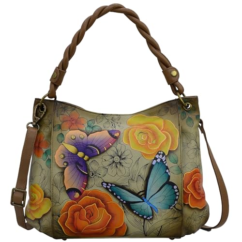 Anna by Anuschka Women's Leather Medium Slim Shoulder Bag, Hand Painted Original Artwork, Floral Paradise Tan - Image 1