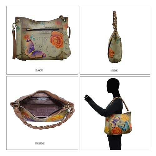 Anna by Anuschka Women's Leather Medium Slim Shoulder Bag, Hand Painted Original Artwork, Floral Paradise Tan - Image 3