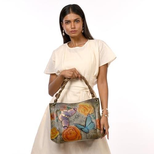 Anna by Anuschka Women's Leather Medium Slim Shoulder Bag, Hand Painted Original Artwork, Floral Paradise Tan - Image 4