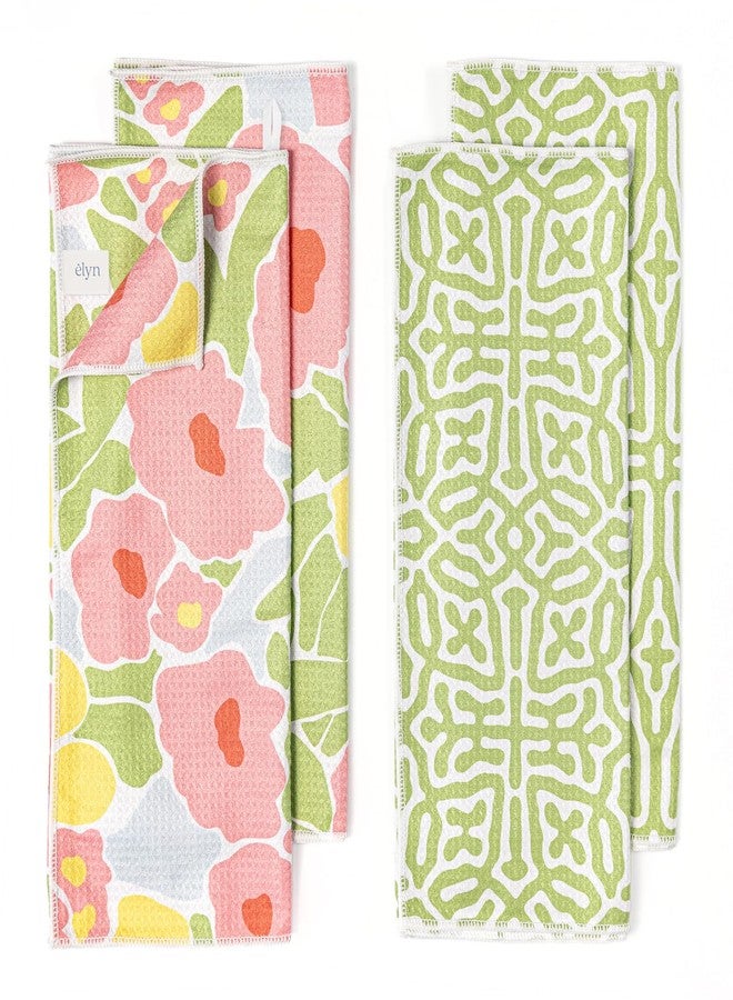ELYN Microfiber Kitchen Dish Towel Set, Quick-Dry & Absorbent Waffle Weave Cleaning Towels, Set of 4 Kitchen Towels, Paper Towels Alternative (Bold Floral & Geo) - Image 1