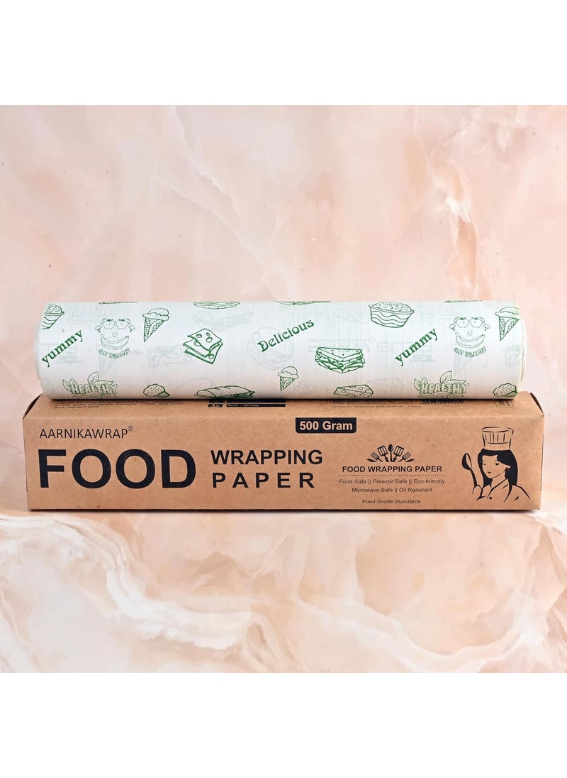 AARNIKAWRAP - 50 Meters Food Wrapping Paper Roll NonStick Butter Wrapping Paper Food Wrapping Paper Reheatable Non Stick Paper Green Print 500 Gram 50 Meter - Image 1