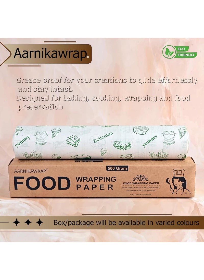 AARNIKAWRAP - 50 Meters Food Wrapping Paper Roll NonStick Butter Wrapping Paper Food Wrapping Paper Reheatable Non Stick Paper Green Print 500 Gram 50 Meter - Image 1