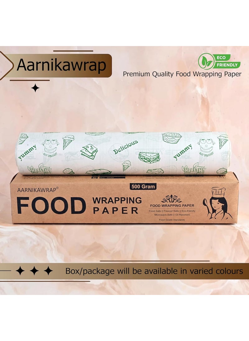 AARNIKAWRAP - 50 Meters Food Wrapping Paper Roll NonStick Butter Wrapping Paper Food Wrapping Paper Reheatable Non Stick Paper Green Print 500 Gram 50 Meter - Image 1
