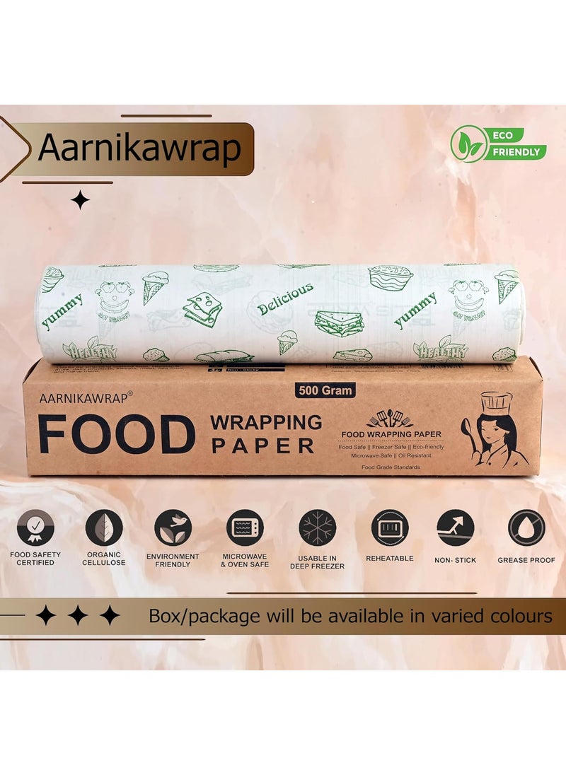 AARNIKAWRAP - 50 Meters Food Wrapping Paper Roll NonStick Butter Wrapping Paper Food Wrapping Paper Reheatable Non Stick Paper Green Print 500 Gram 50 Meter - Image 1