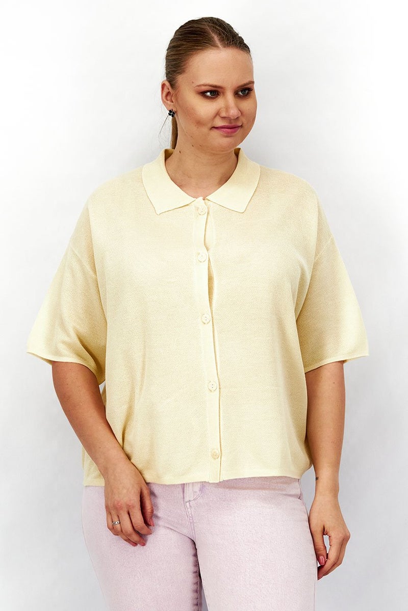Tchibo Women Spread Collar Short Sleeves Textured Top, Beige - Image 1