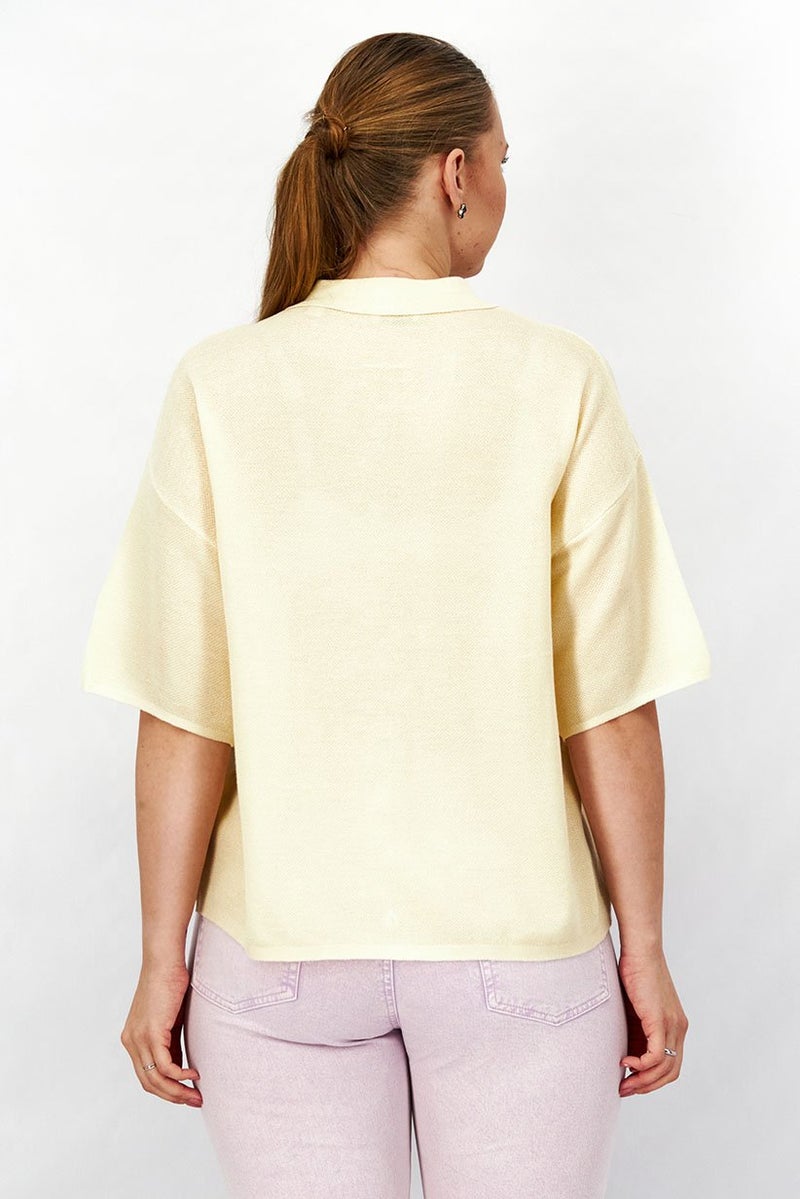 Tchibo Women Spread Collar Short Sleeves Textured Top, Beige - Image 3