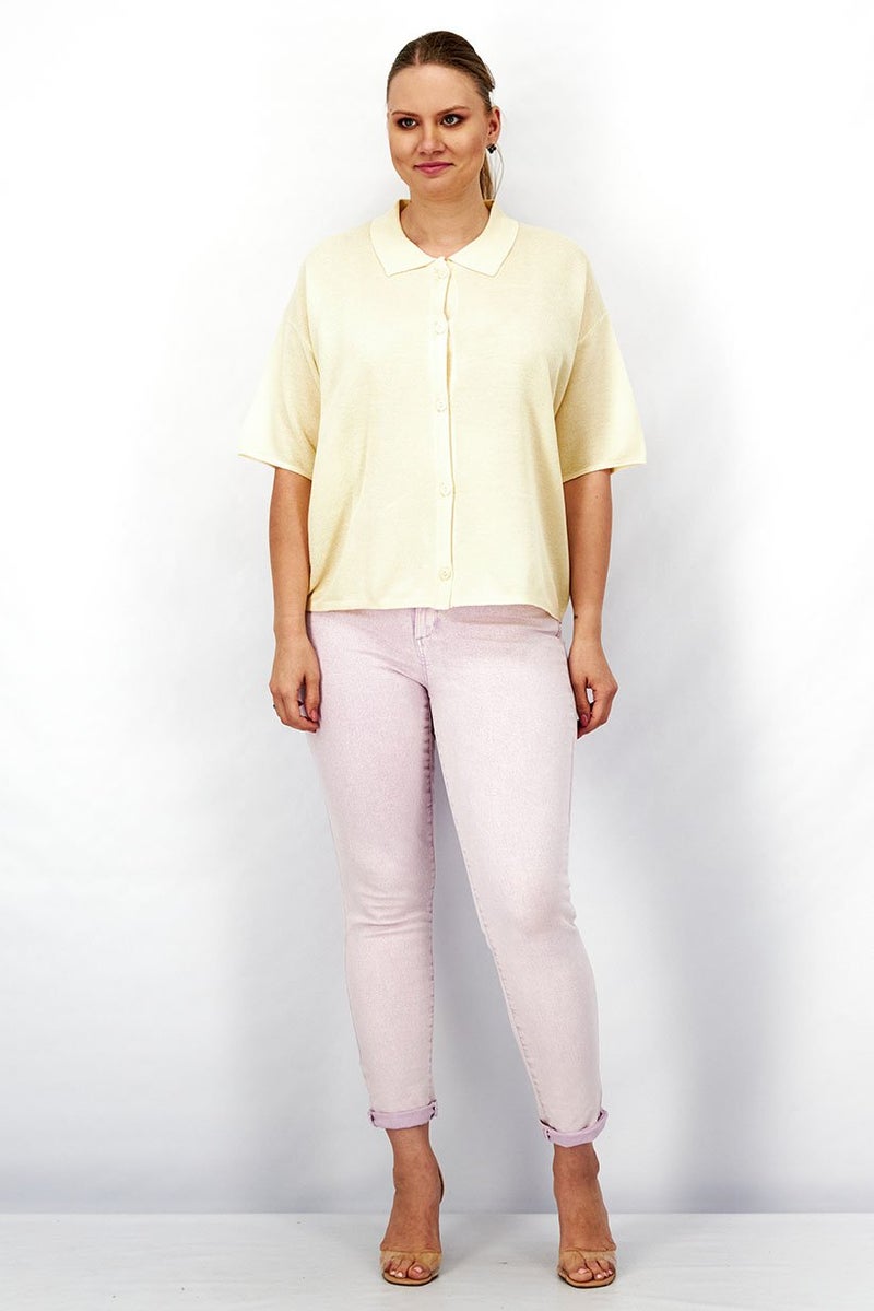 Tchibo Women Spread Collar Short Sleeves Textured Top, Beige - Image 4